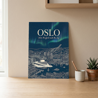 Oslo Line Art Print — Navy Opera House Fjord Aurora Borealis Skyline Wall Art