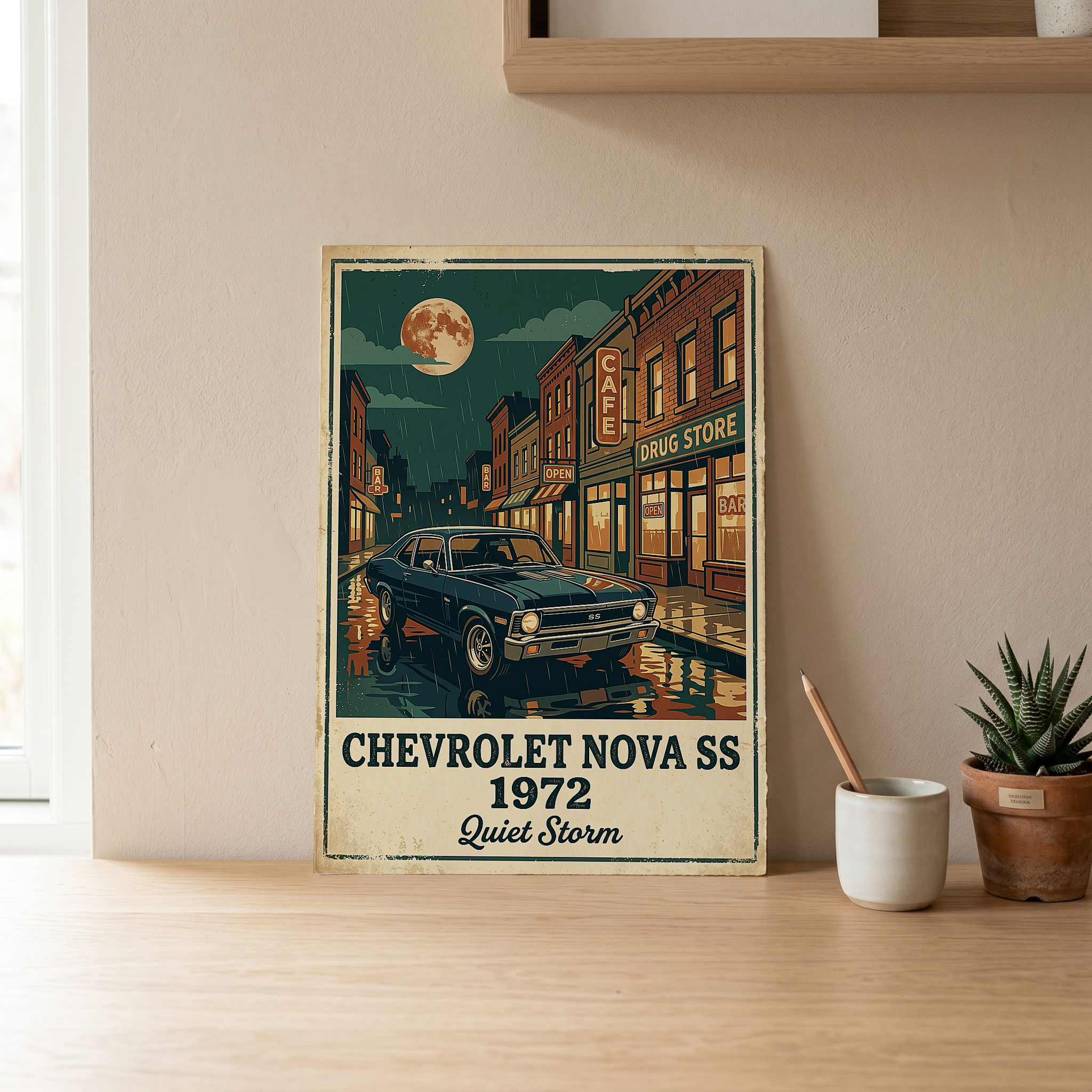 Chevrolet Nova SS 1972 Poster — Vintage Muscle Car Rainy Night Street Print
