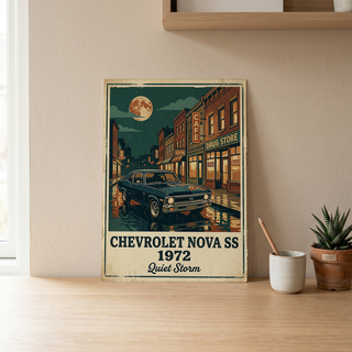 Chevrolet Nova SS 1972 Poster — Vintage Muscle Car Rainy Night Street Print