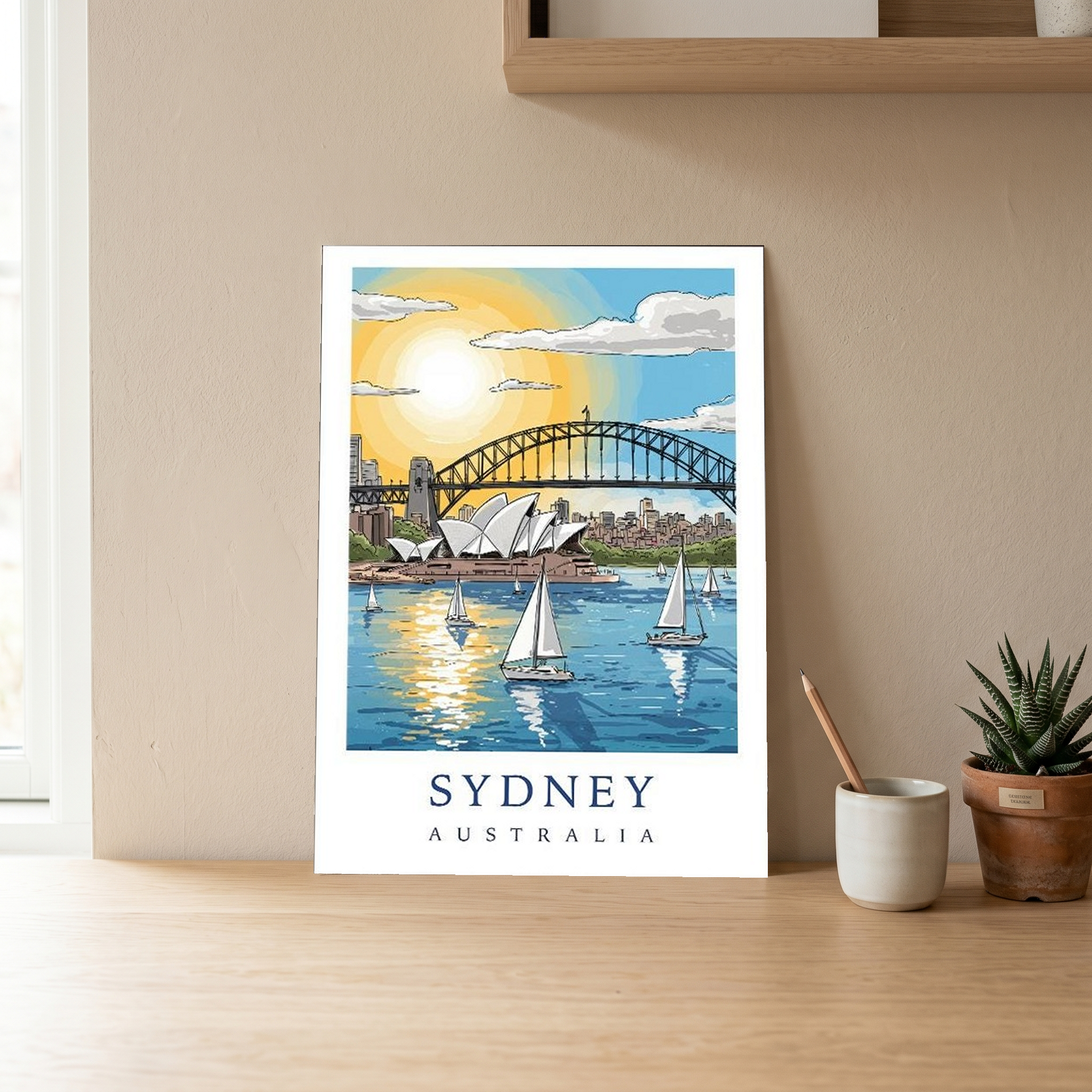 Sydney Australia Travel Poster — Opera House Harbour Bridge Sailboat Print