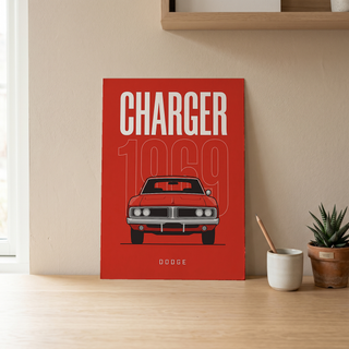 Dodge Charger 1969 Minimalist Poster — Red Muscle Car Line Art