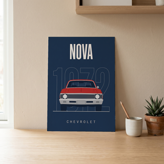Chevrolet Nova 1972 Minimalist Poster — Red on Navy Compact Muscle Line Art