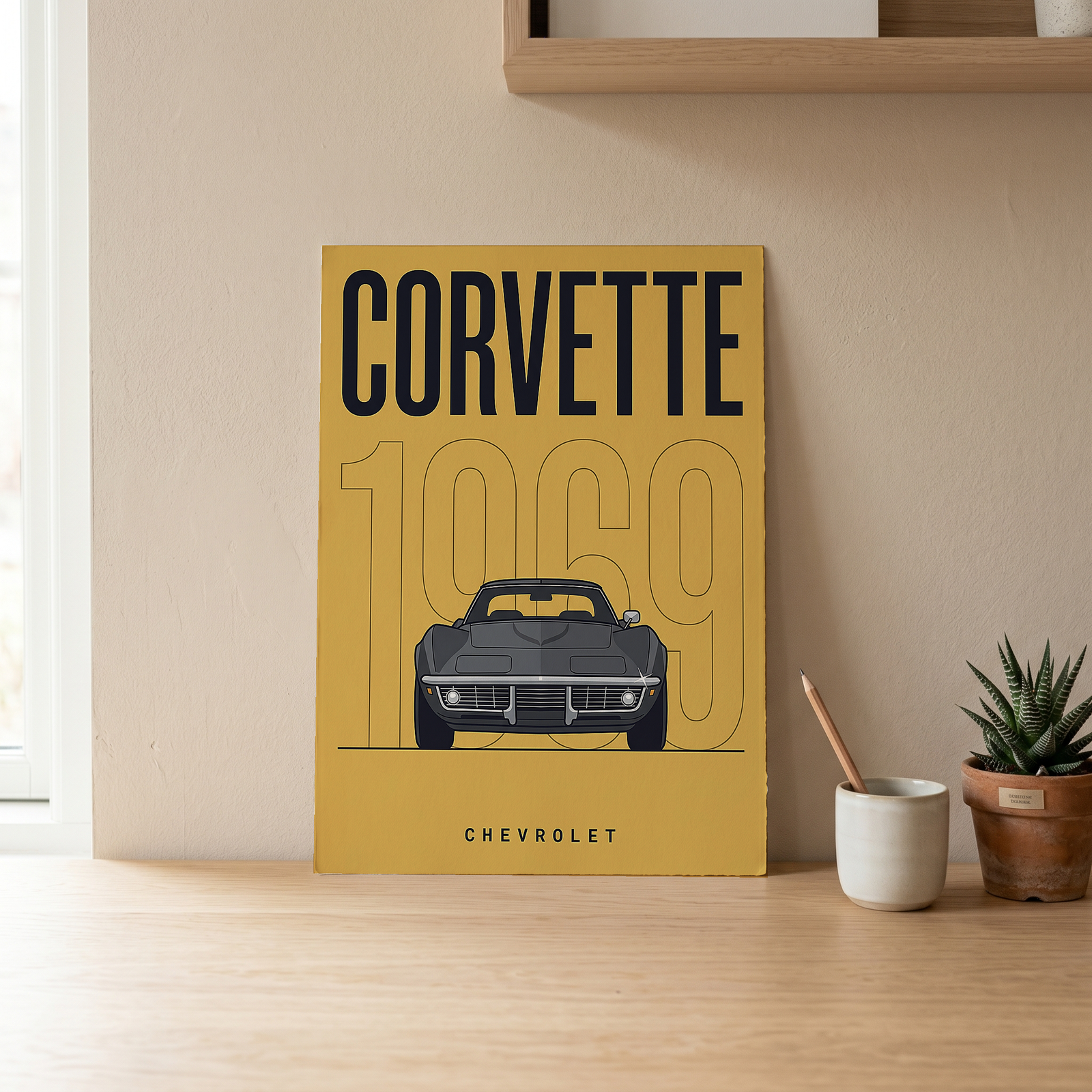 Chevrolet Corvette 1969 V2 Yellow Minimalist Poster — Muscle Car Line Art