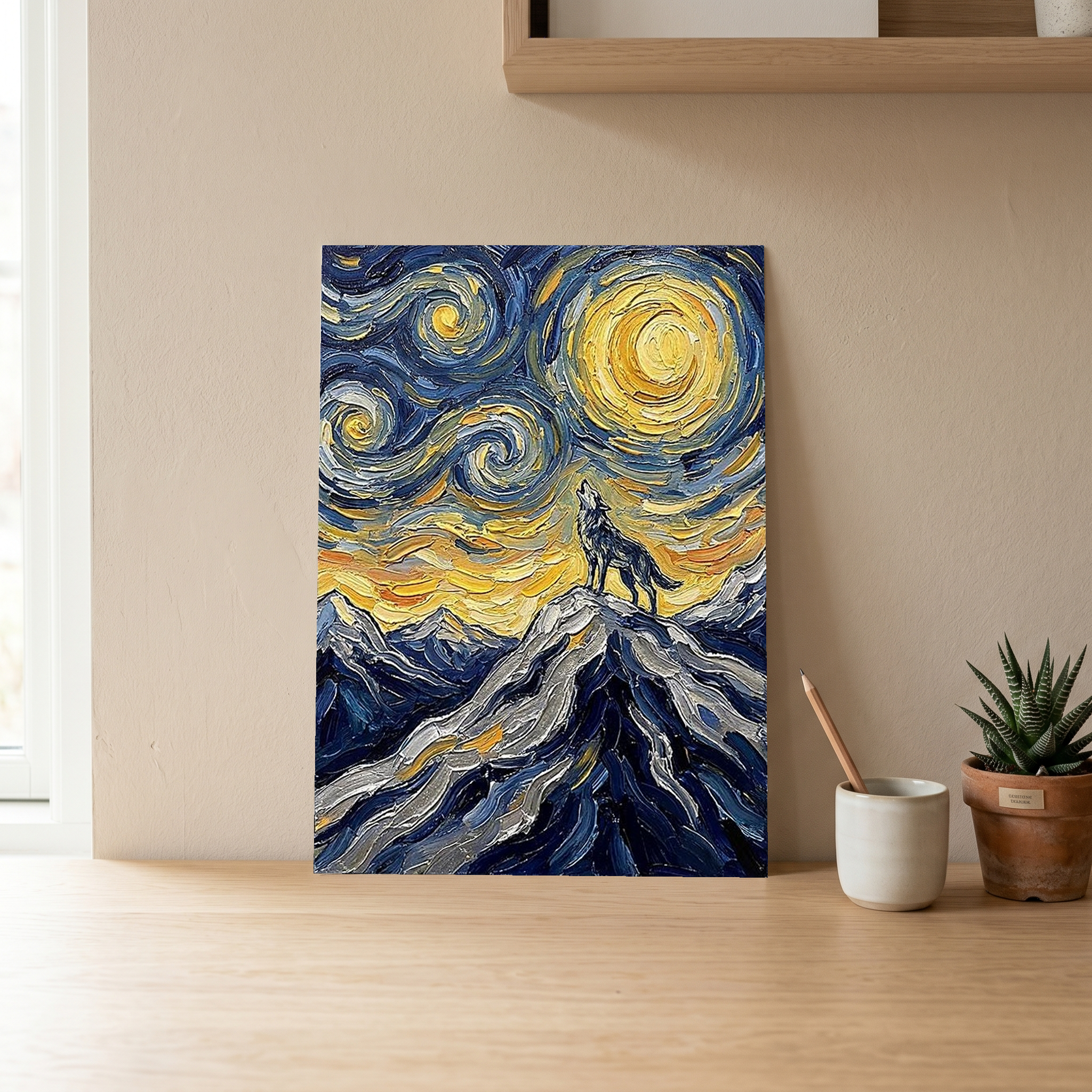 Lone Wolf Howling Mountain Peak Print — Van Gogh Starry Night Wall Art