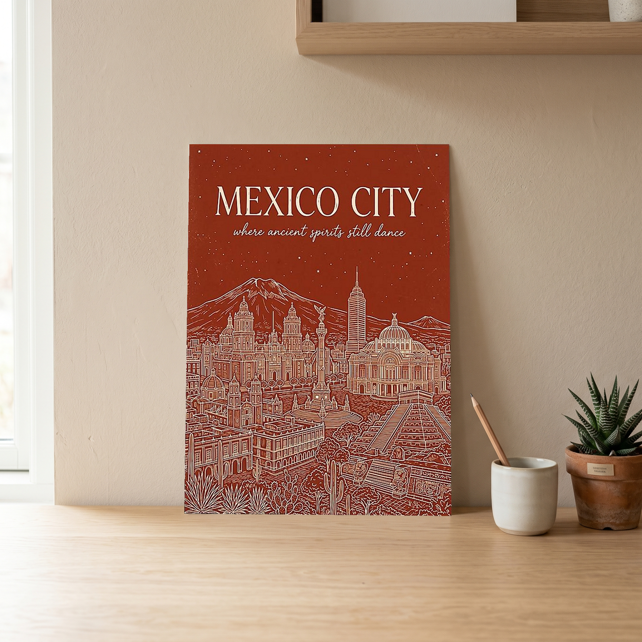 Mexico City Line Art Print — Rust Bellas Artes Templo Mayor Skyline Wall Art