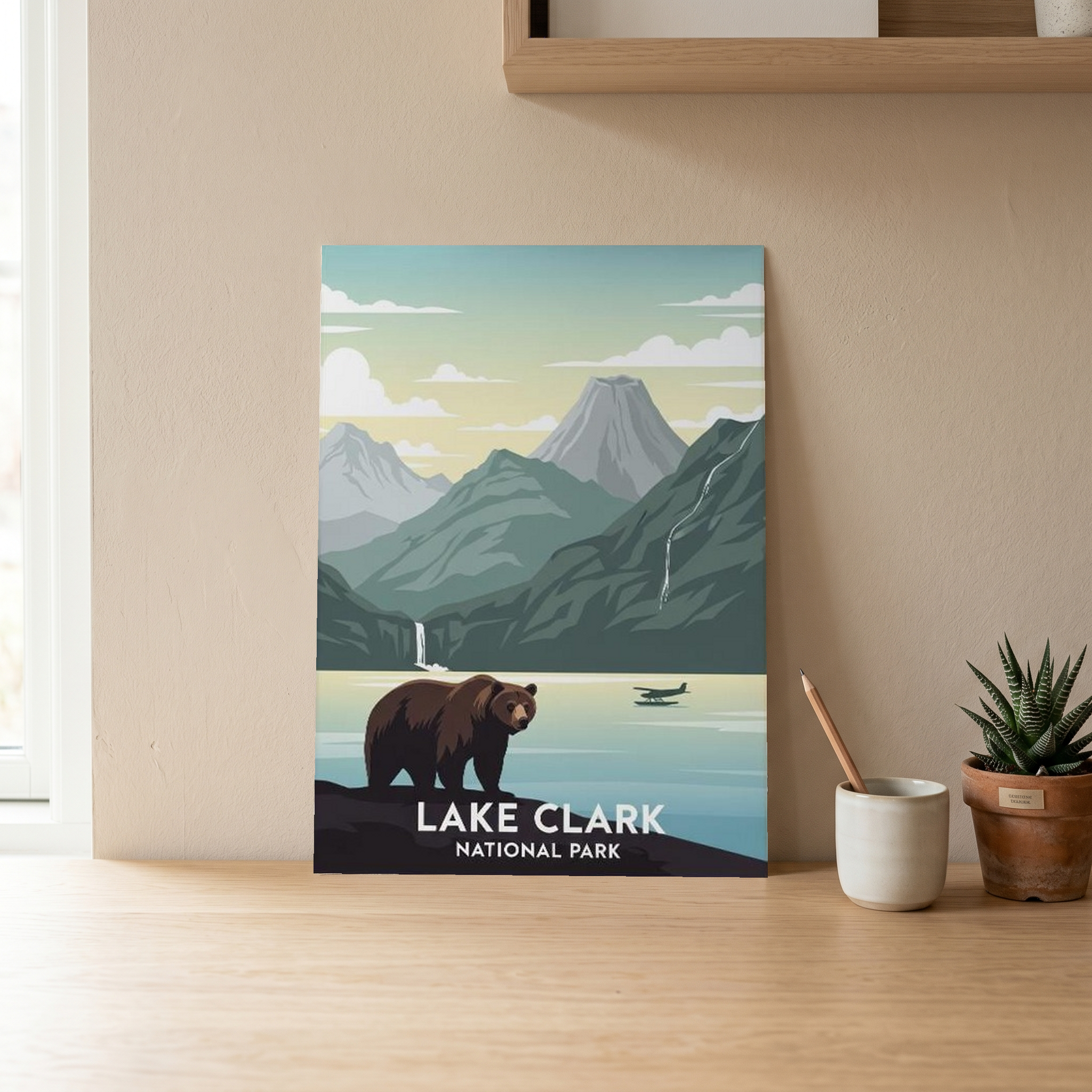 Lake Clark National Park Poster — Vintage Alaska Brown Bear Floatplane Print