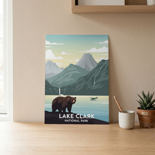 Lake Clark National Park Poster — Vintage Alaska Brown Bear Floatplane Print