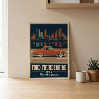 Ford Thunderbird 1955 Poster — Vintage Two-Seater Convertible City Skyline Print