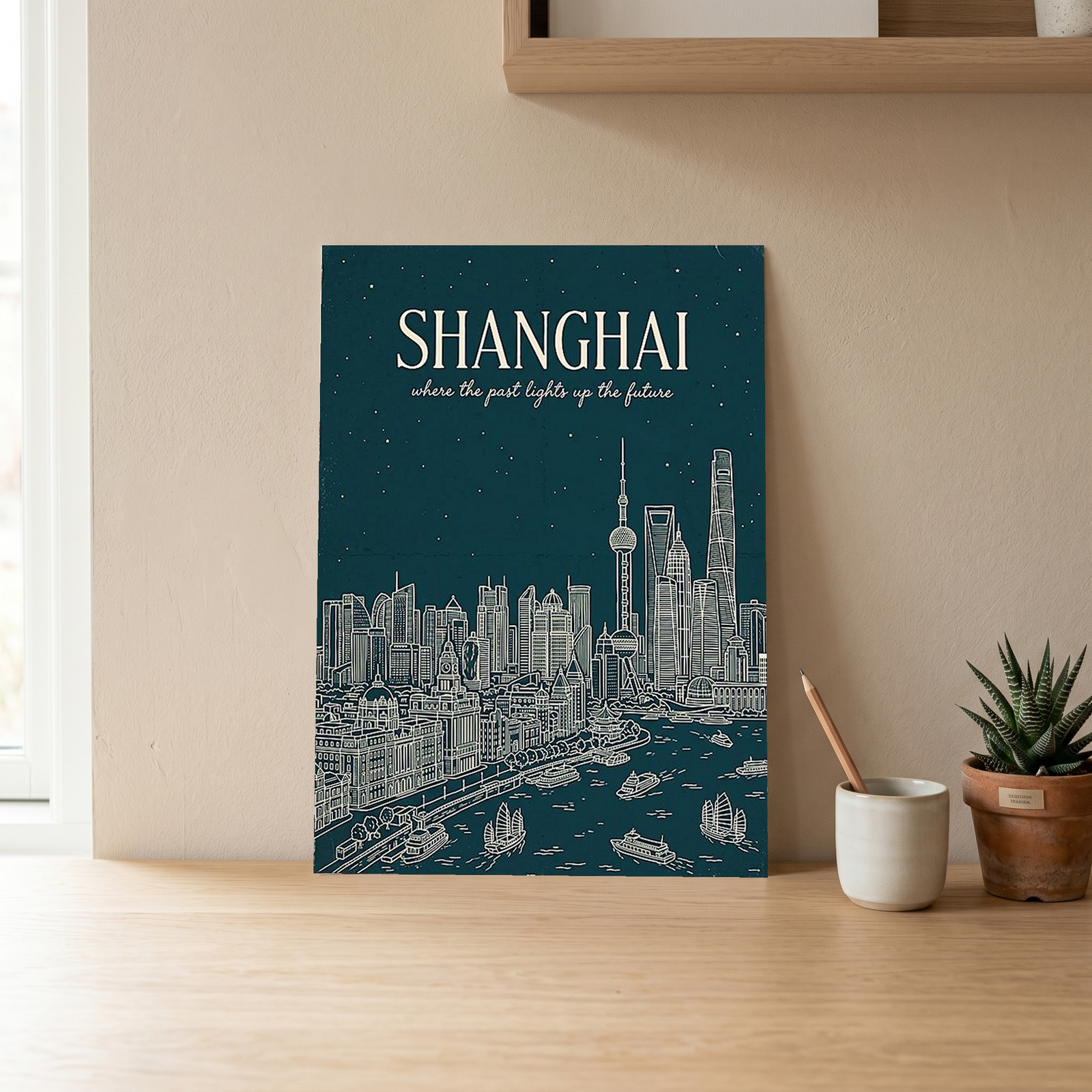 Shanghai Line Art Print — Teal Oriental Pearl Tower The Bund Skyline Wall Art