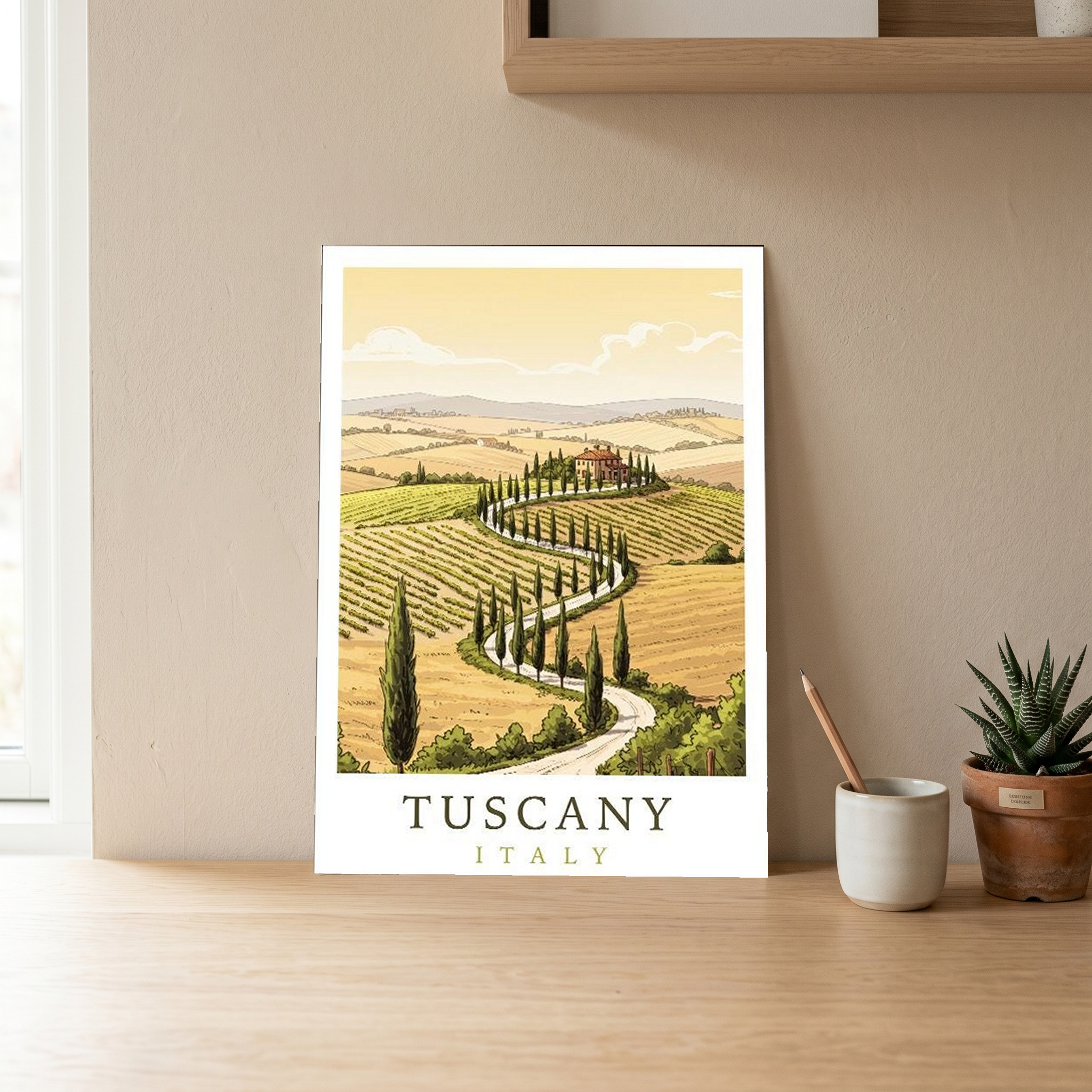 Tuscany Italy Travel Poster — Rolling Hills Cypress Vineyards Print
