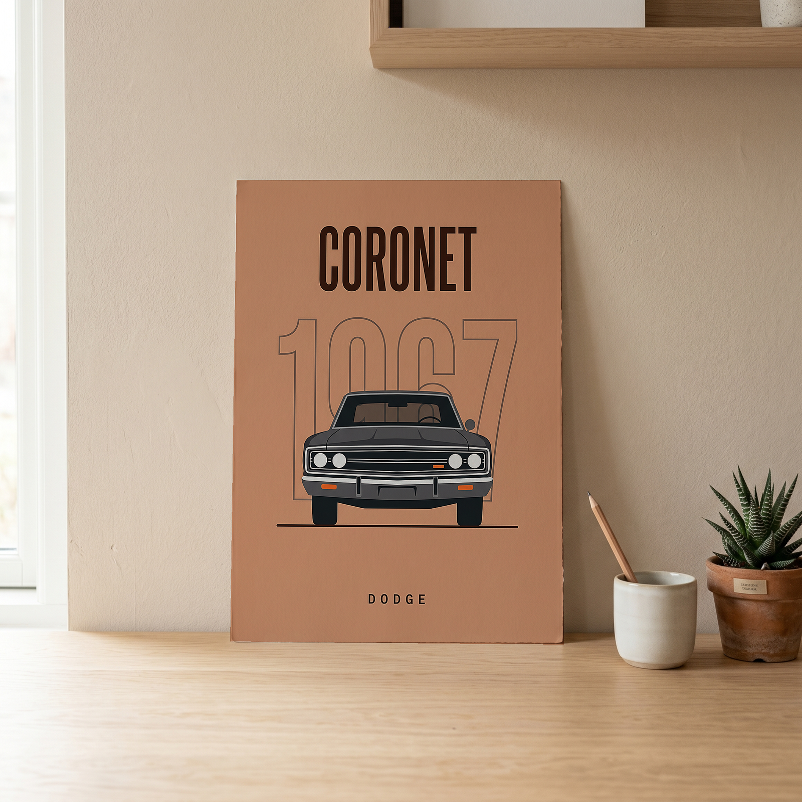 Dodge Coronet 1967 Minimalist Poster — Peach Muscle Car Line Art
