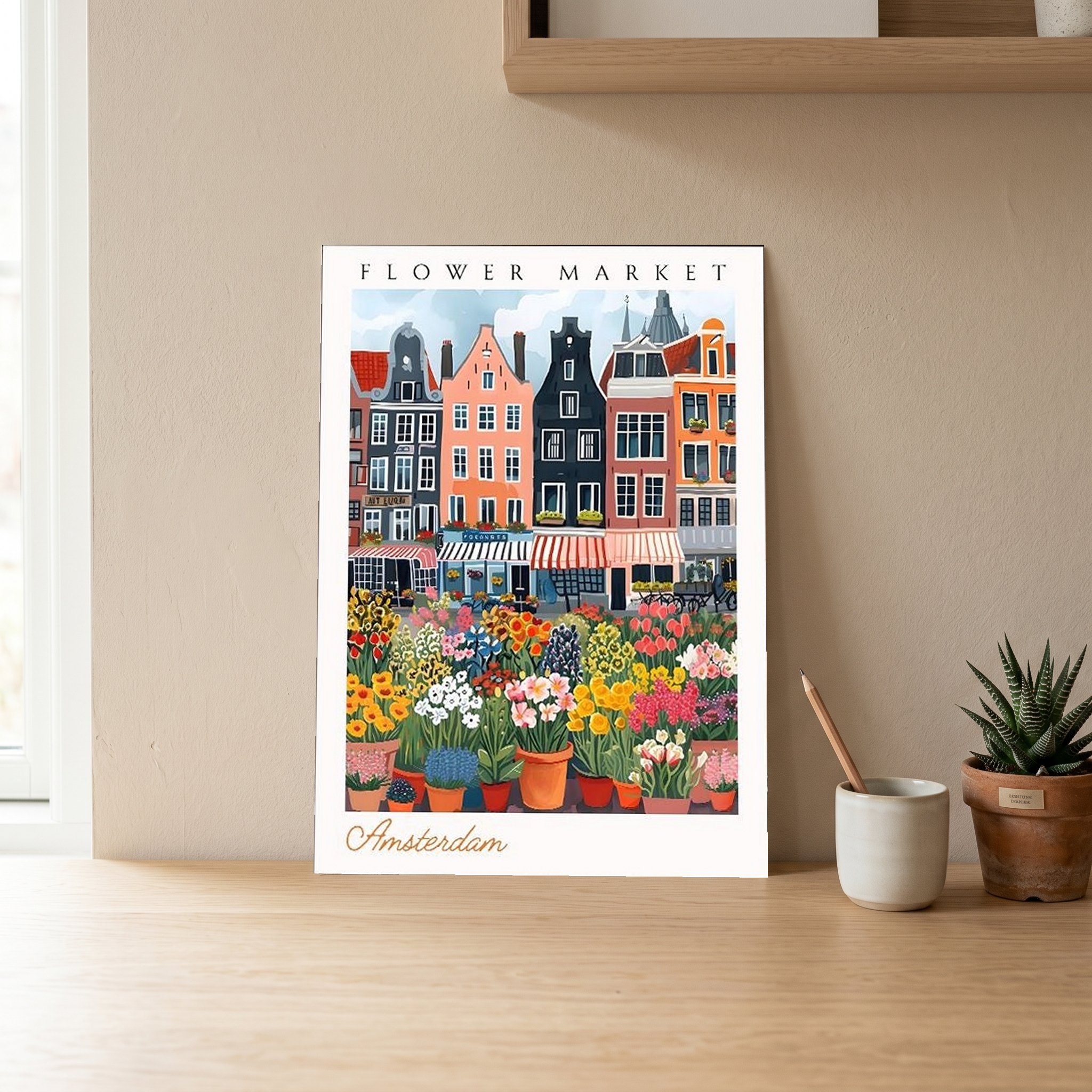 Amsterdam Flower Market Print — Canal Houses Tulip Cityscape Art