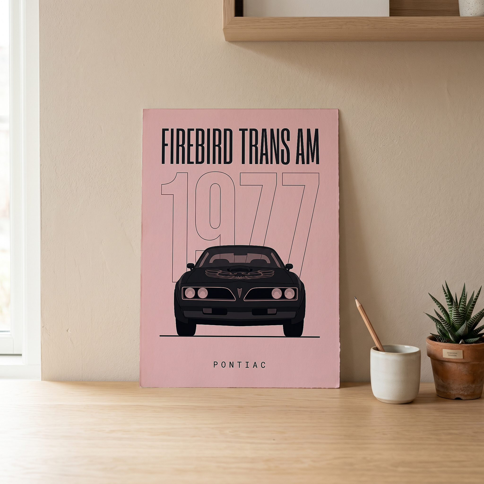 Pontiac Firebird Trans Am 1977 Minimalist Poster — Blush Pink Muscle Line Art