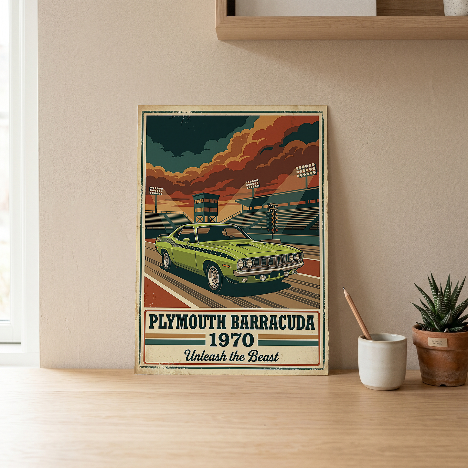 Plymouth Barracuda 1970 Poster — Vintage Muscle Car Race Track Print