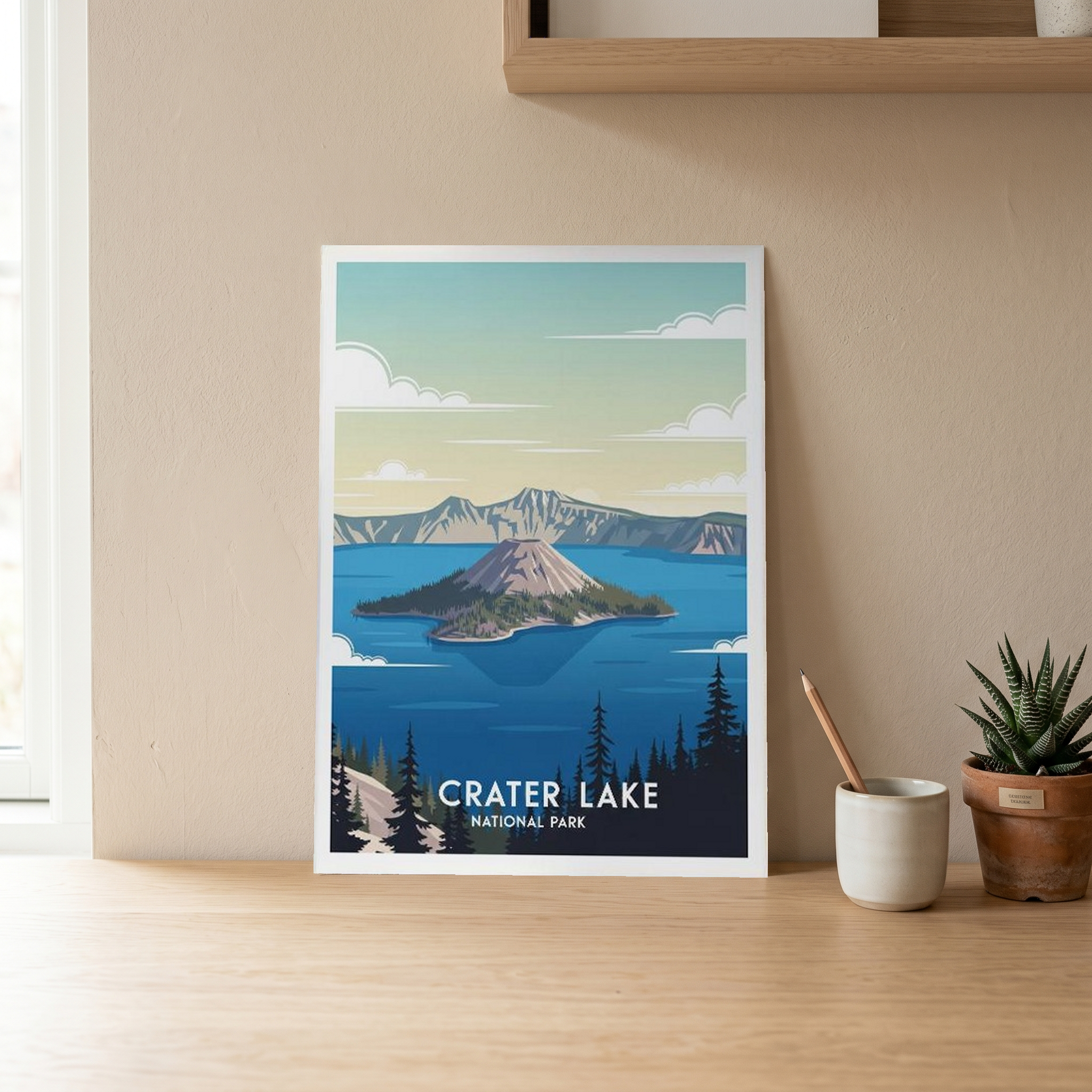 Crater Lake National Park Poster — Vintage Oregon Wizard Island Print