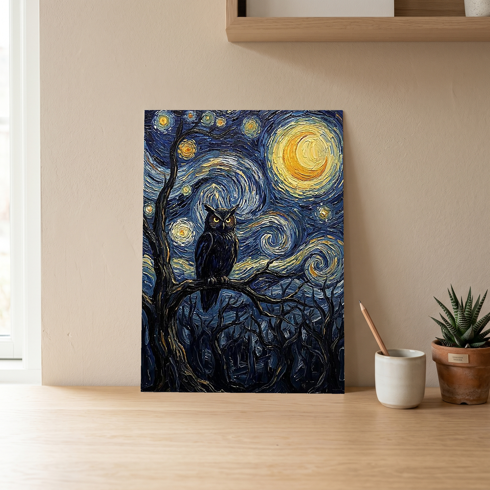 Wise Owl Starry Night Print — Van Gogh-Style Mystical Forest Wall Art