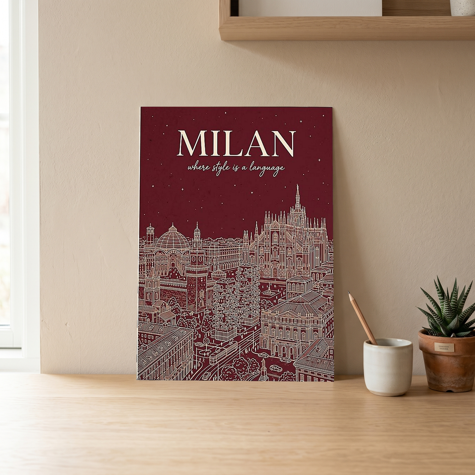 Milan Line Art Print — Wine Red Duomo Skyline Wall Art