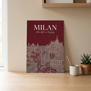 Milan Line Art Print — Wine Red Duomo Skyline Wall Art