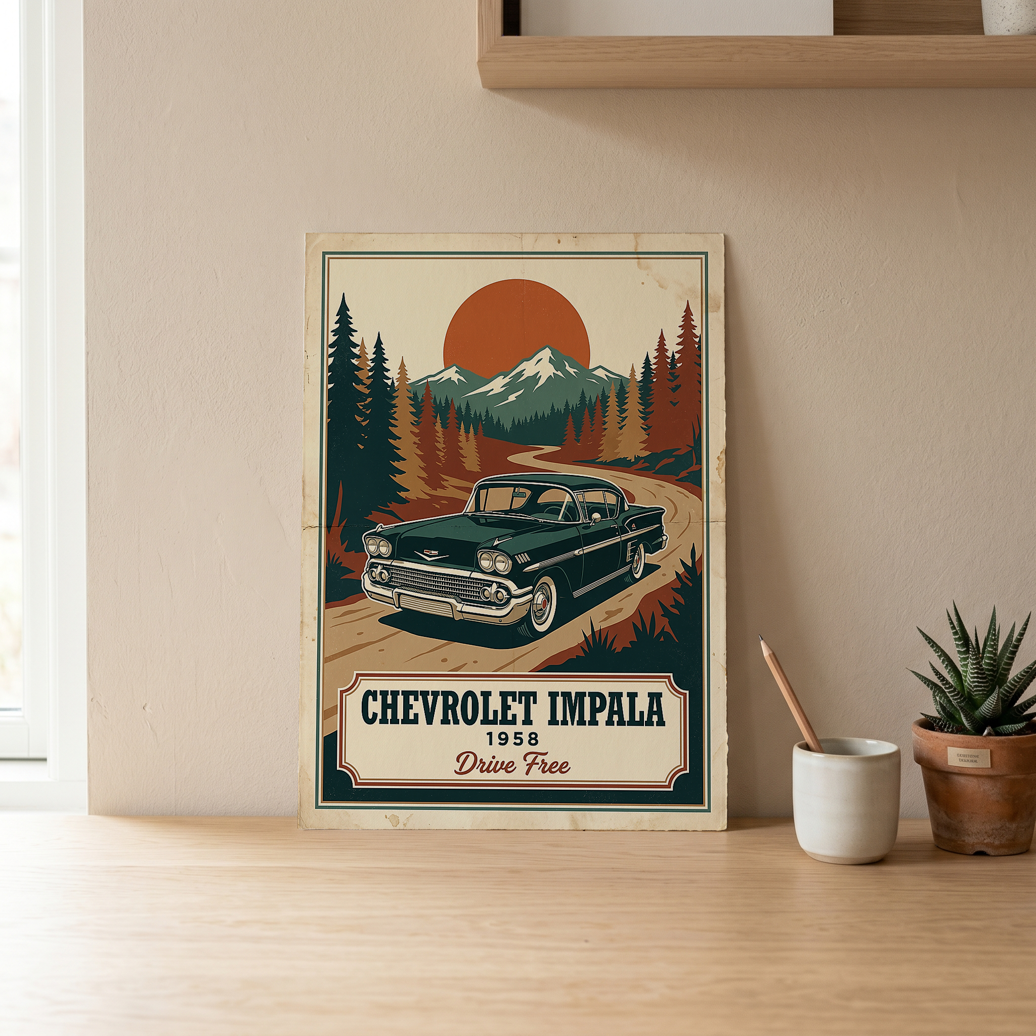 Chevrolet Impala 1958 Poster — Vintage Muscle Mountain Pine Sunset Print