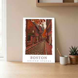 Boston USA Travel Poster — Acorn Street Beacon Hill Fall Foliage Print