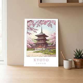 Kyoto Japan Travel Poster — Cherry Blossom Pagoda Temple Print