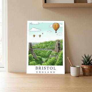 Bristol England Travel Poster — Clifton Bridge Hot Air Balloon Print