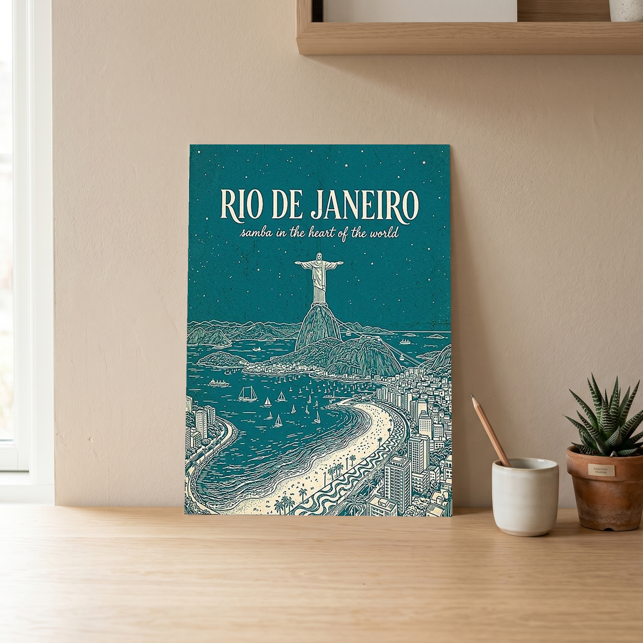 Rio de Janeiro Line Art Print — Teal Christ the Redeemer Copacabana Wall Art