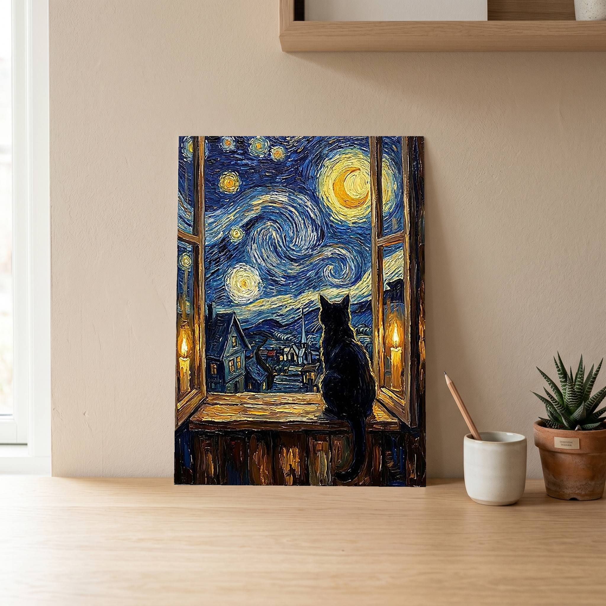 Black Cat Window Print — Van Gogh Starry Night Cozy Cottage Wall Art
