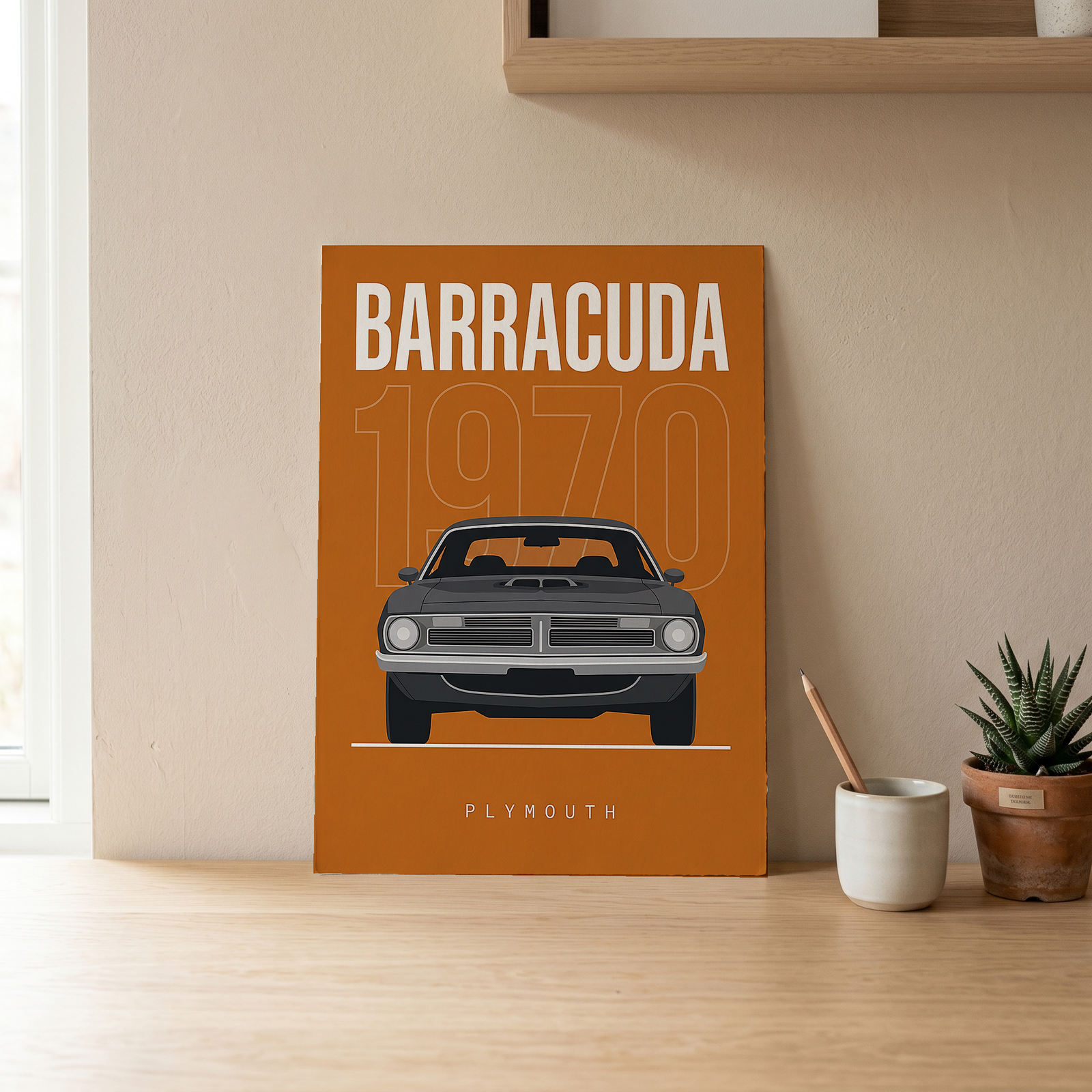 Plymouth Barracuda 1970 Minimalist Poster — Orange Muscle Car Line Art