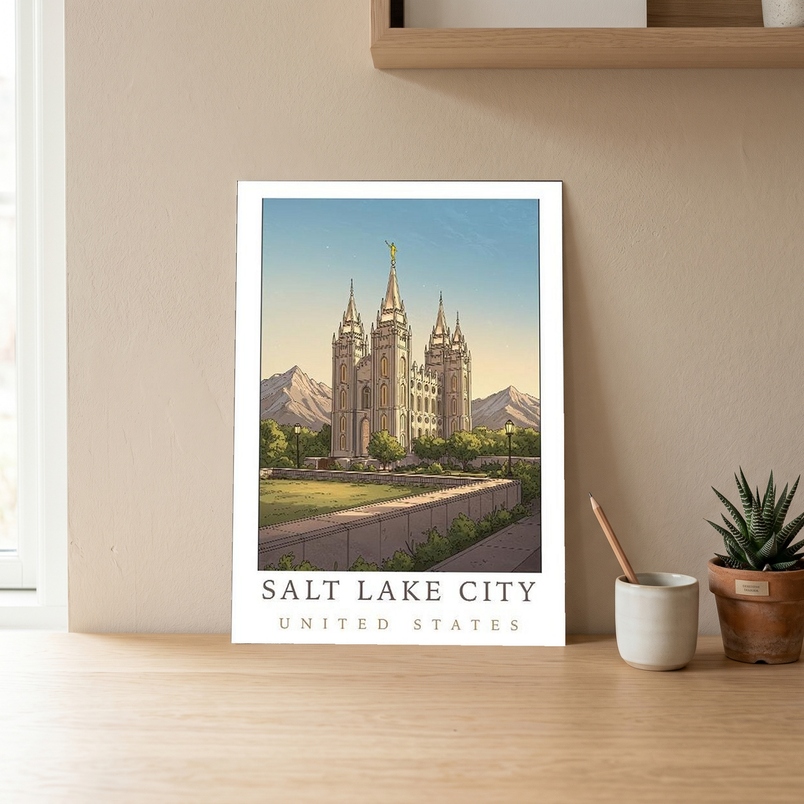 Salt Lake City Utah Travel Poster — Temple Square Wasatch Mountains Print