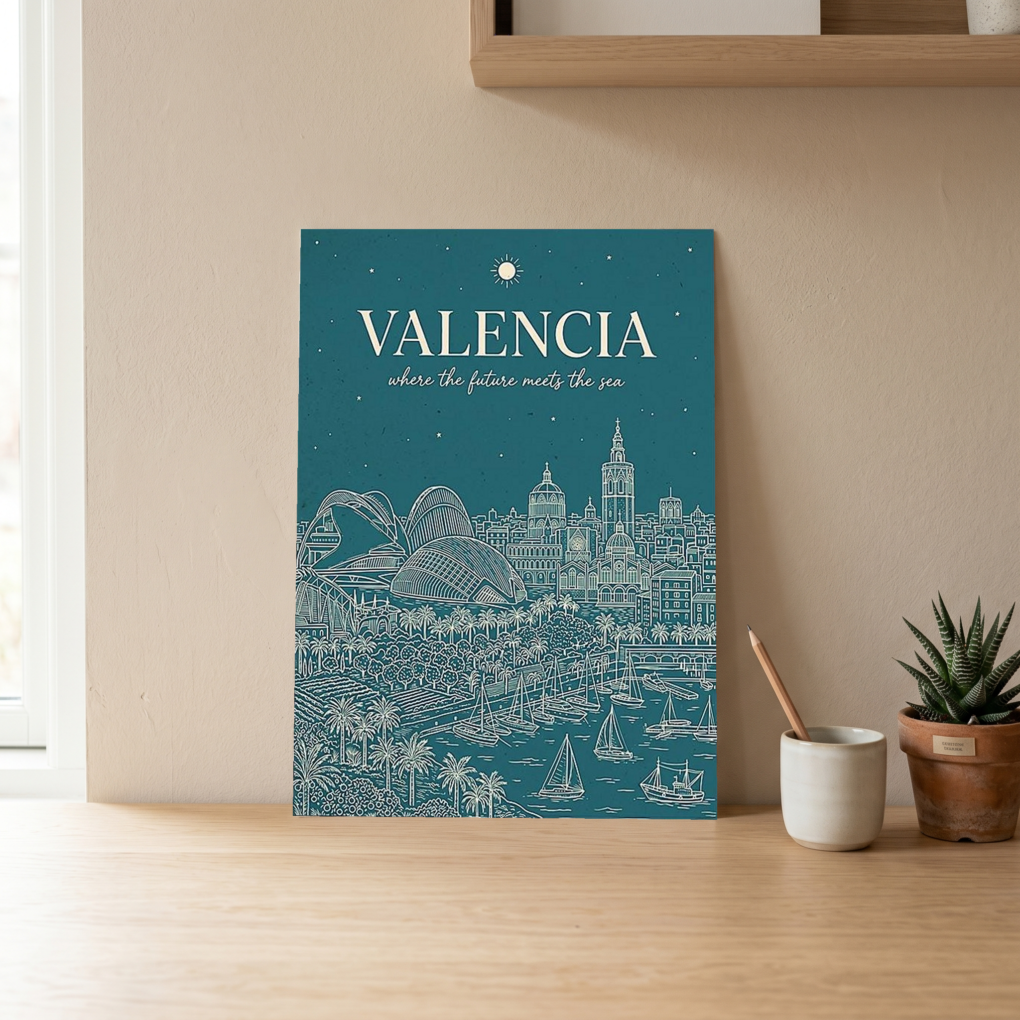 Valencia Line Art Print — Teal City of Arts Sciences Mediterranean Skyline Wall Art
