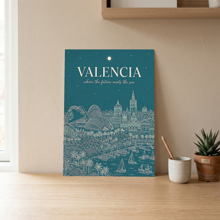 Valencia Line Art Print — Teal City of Arts Sciences Mediterranean Skyline Wall Art