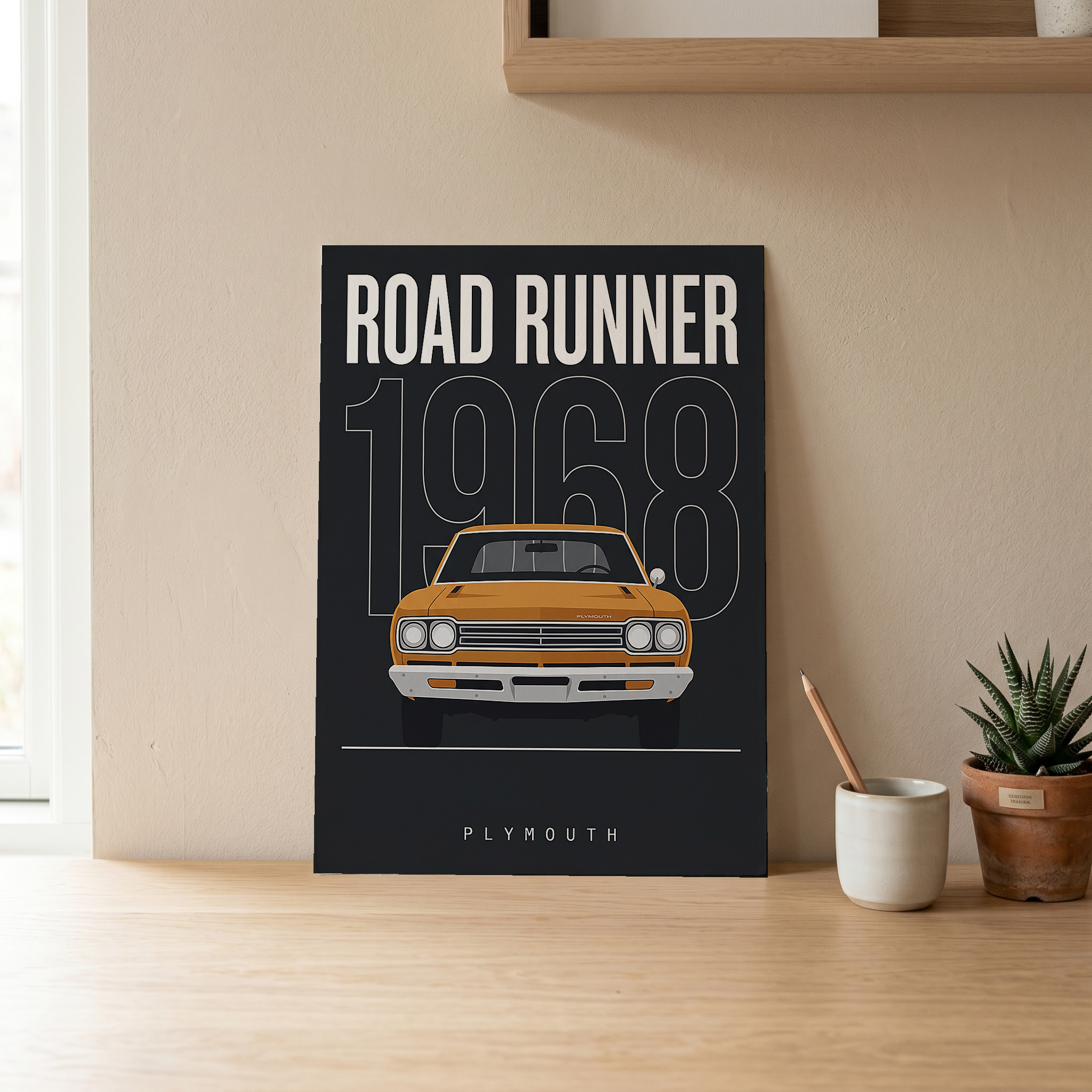 Plymouth Road Runner 1968 Minimalist Poster — Charcoal Muscle Car Line Art