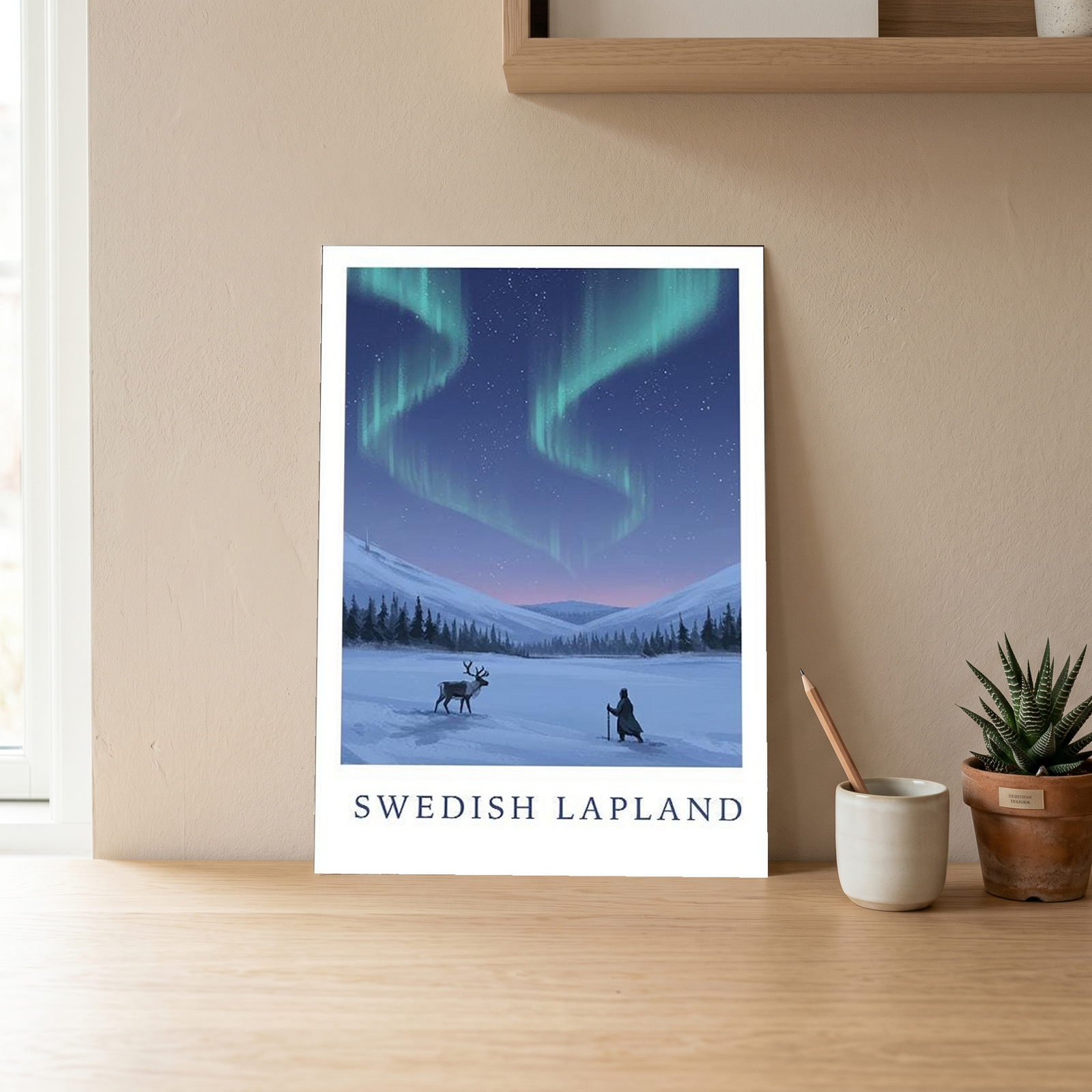 Swedish Lapland Travel Poster — Northern Lights Reindeer Sami Print