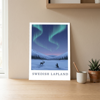 Swedish Lapland Travel Poster — Northern Lights Reindeer Sami Print