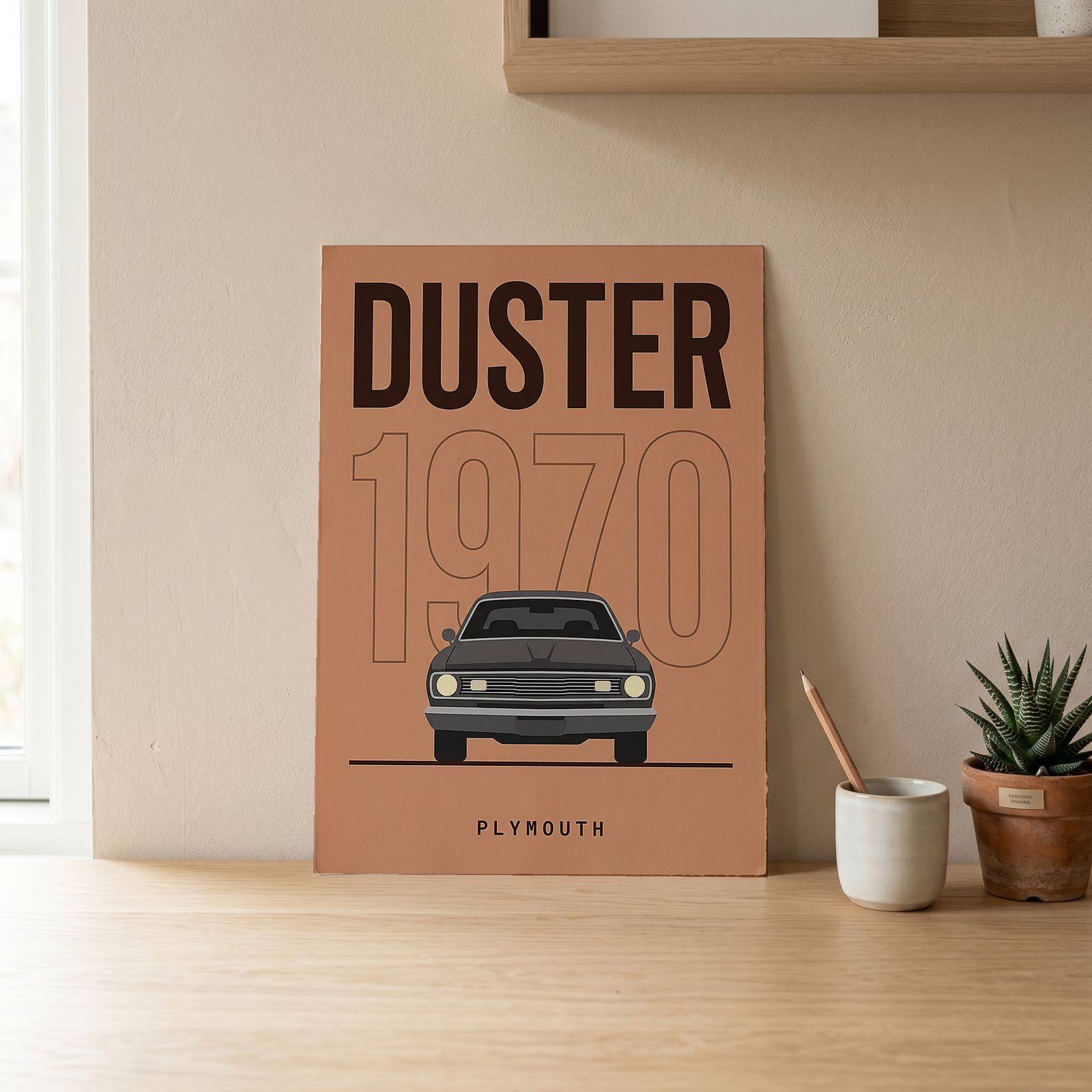 Plymouth Duster 1970 Minimalist Poster — Terracotta Muscle Car Line Art