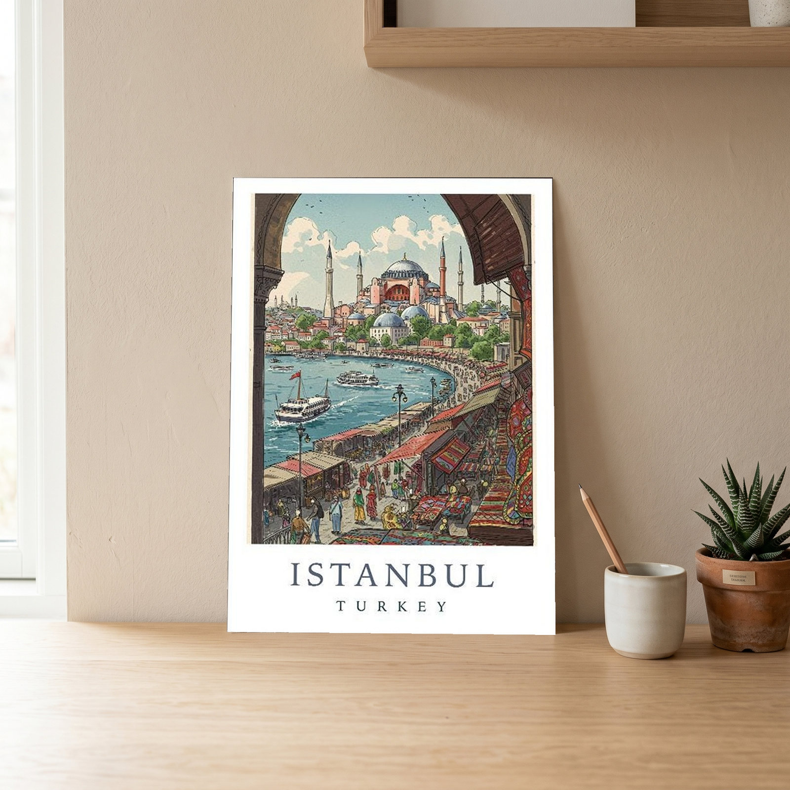 Istanbul Turkey Travel Poster — Hagia Sophia Bosphorus Bazaar Print