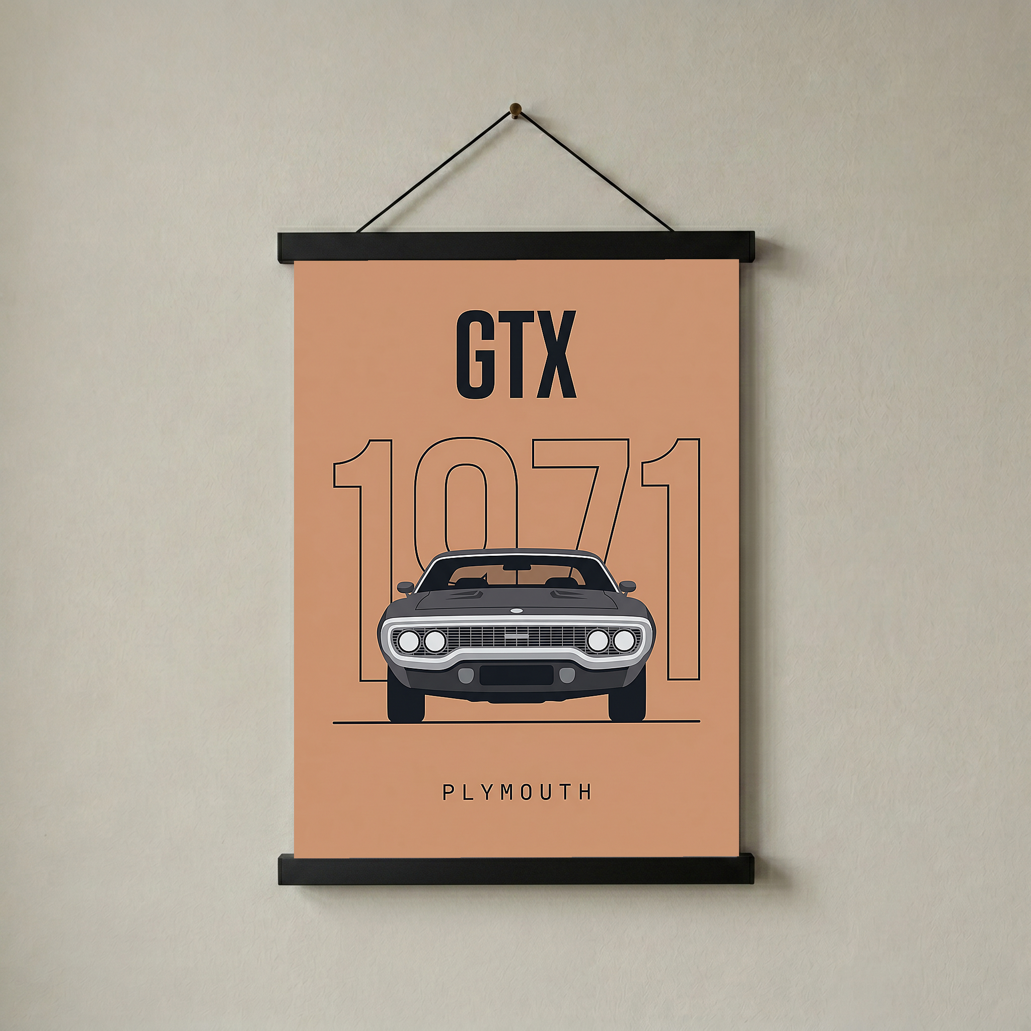 Plymouth GTX 1971 Minimalist Poster — Peach B-Body Muscle Line Art