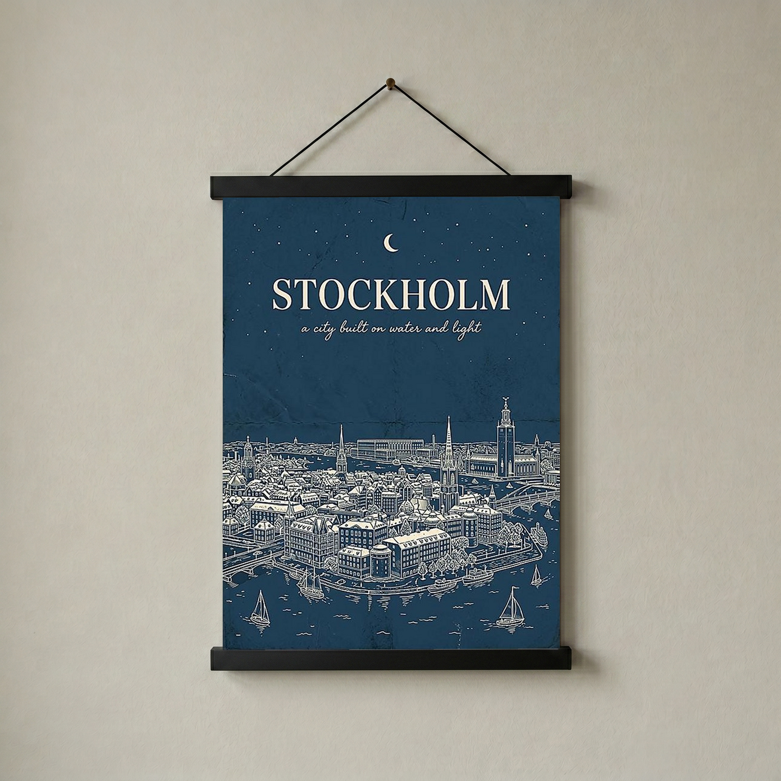 Stockholm Line Art Print — Navy Gamla Stan Old Town Skyline Wall Art