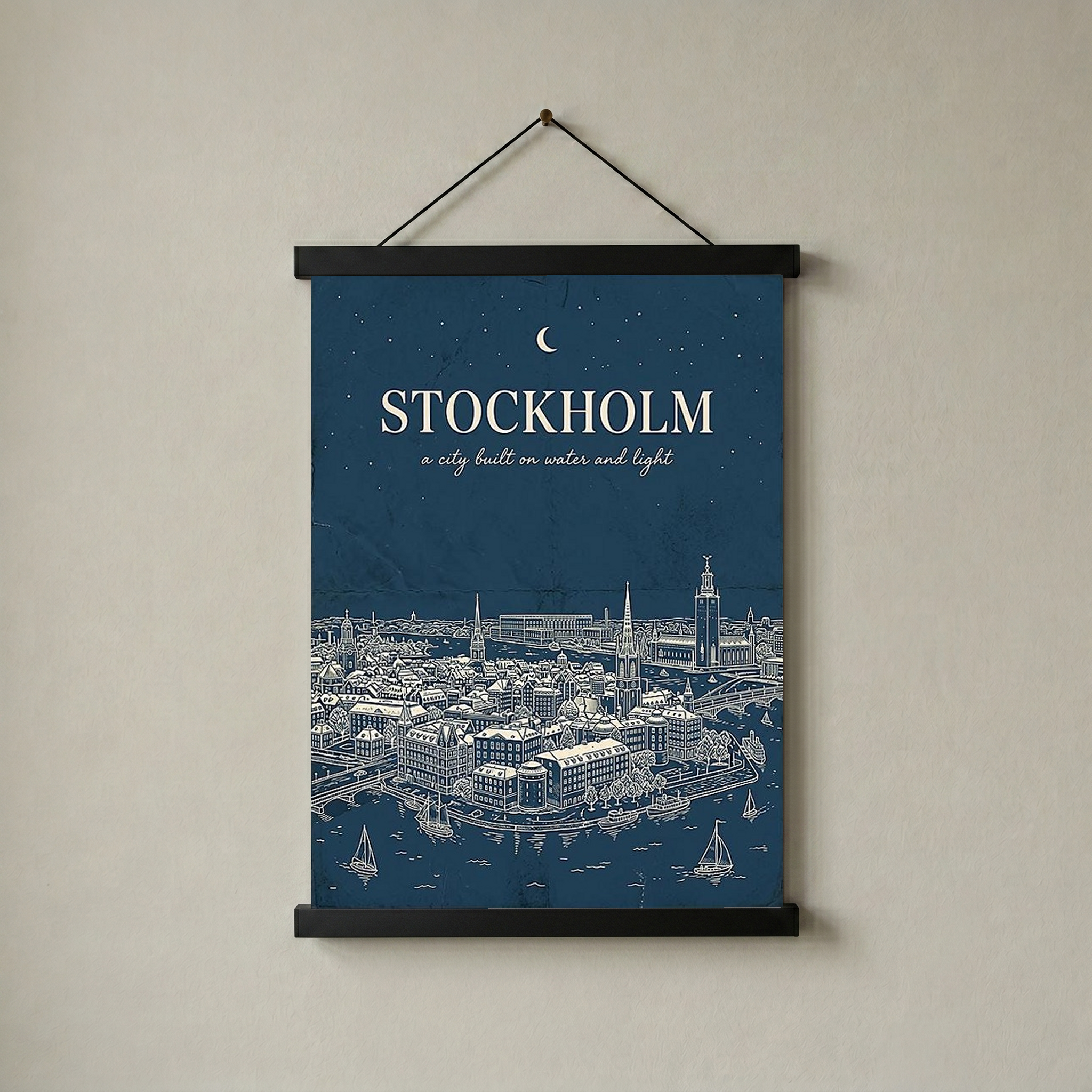 Stockholm Line Art Print — Navy Gamla Stan Old Town Skyline Wall Art