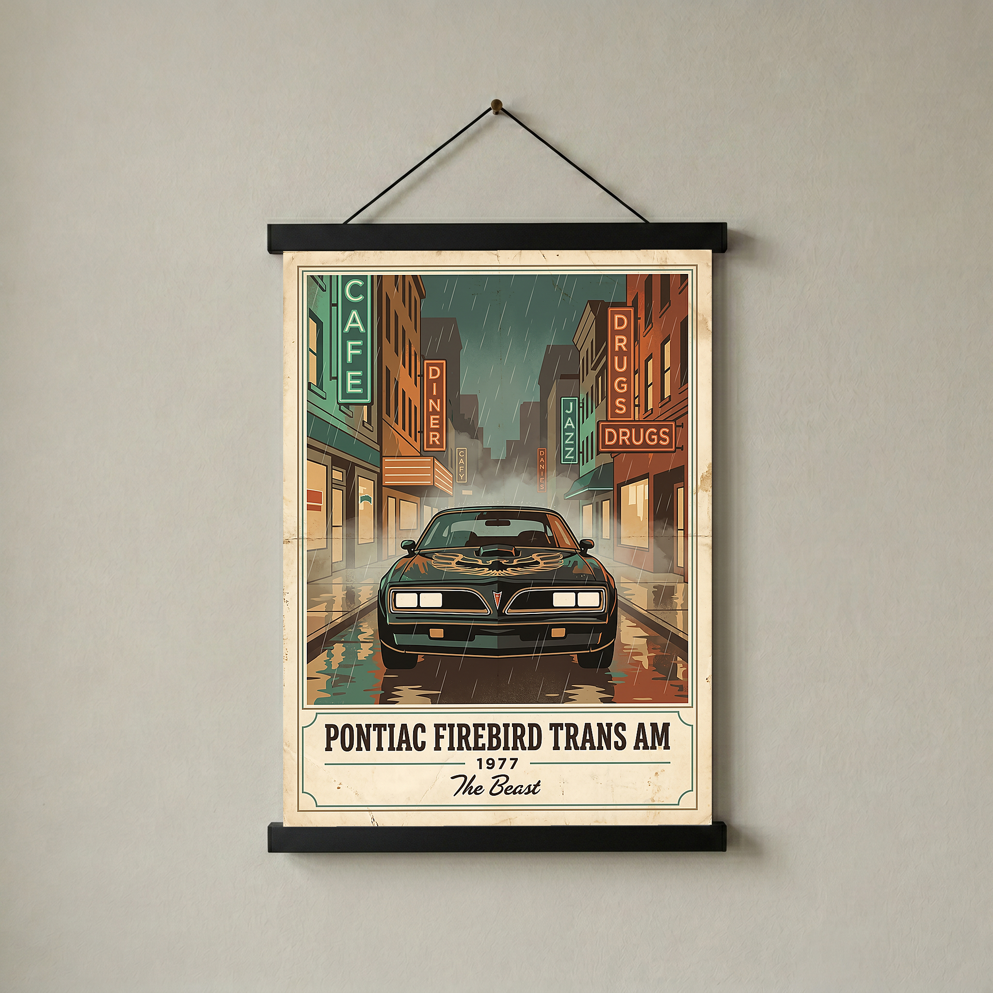 Pontiac Firebird Trans Am 1977 Poster — Vintage Muscle Bandit Rainy Noir Street Print