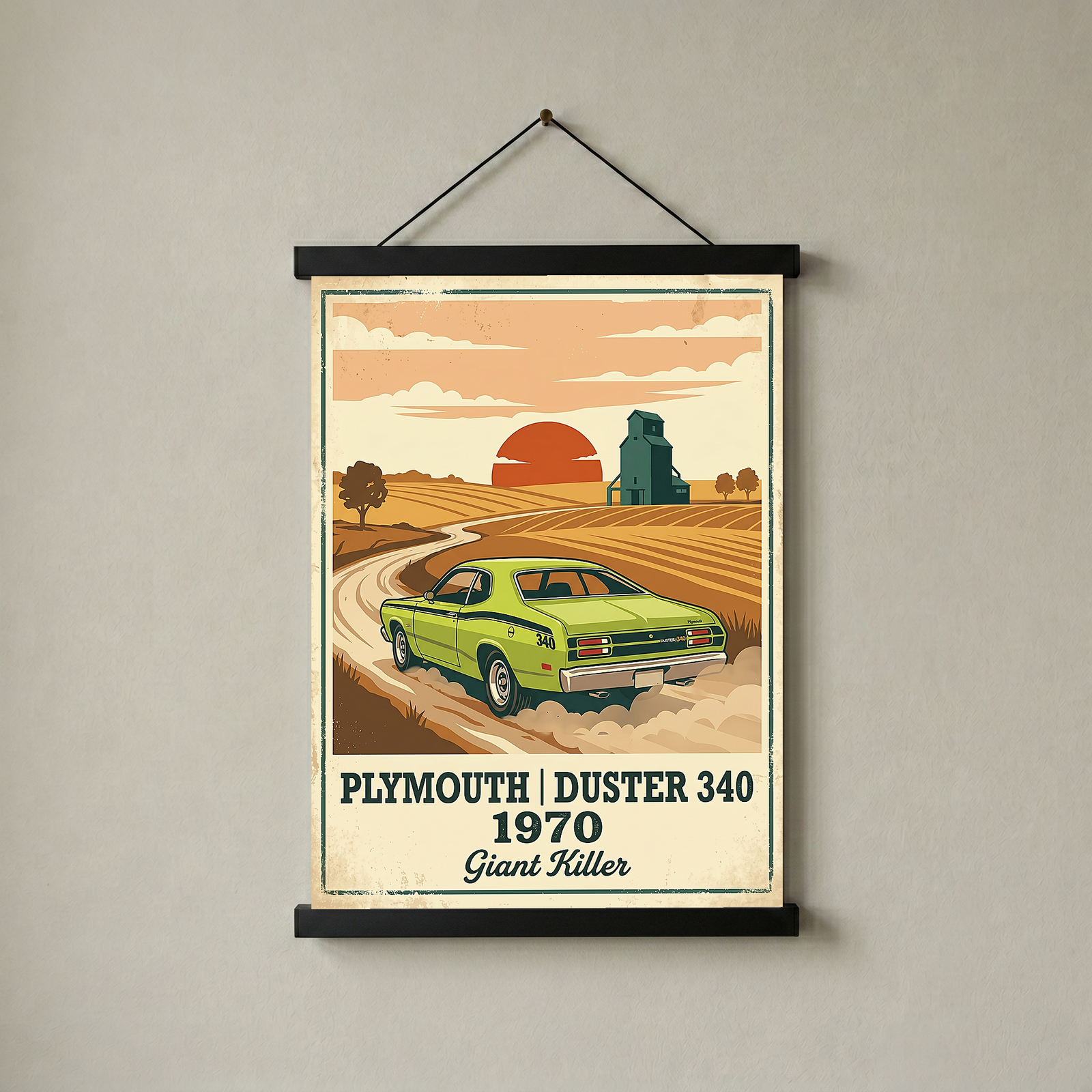 Plymouth Duster 340 1970 Poster — Vintage Muscle Car Country Wheat Print