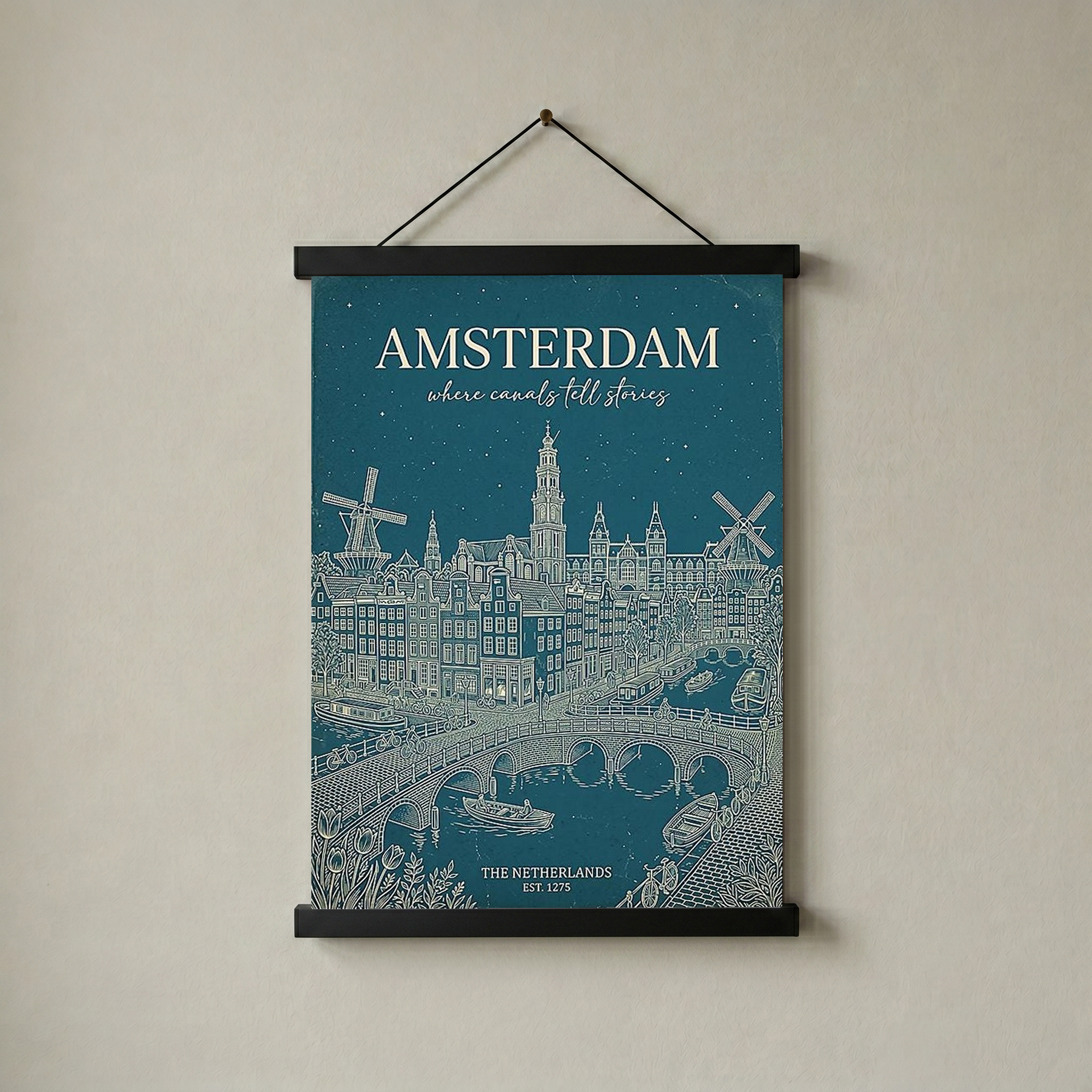 Amsterdam Line Art Print — Teal Canal Windmill Skyline Wall Art