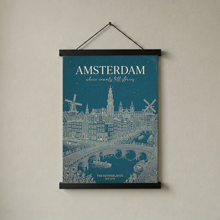 Amsterdam Line Art Print — Teal Canal Windmill Skyline Wall Art