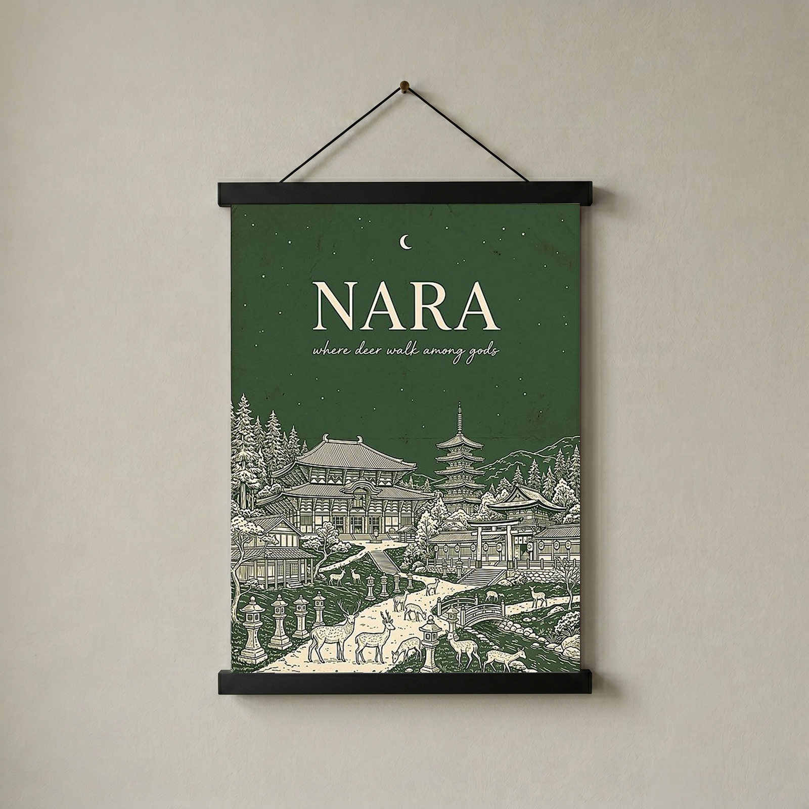 Nara Line Art Print — Forest Green Tōdai-ji Temple Pagoda Deer Wall Art