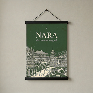 Nara Line Art Print — Forest Green Tōdai-ji Temple Pagoda Deer Wall Art