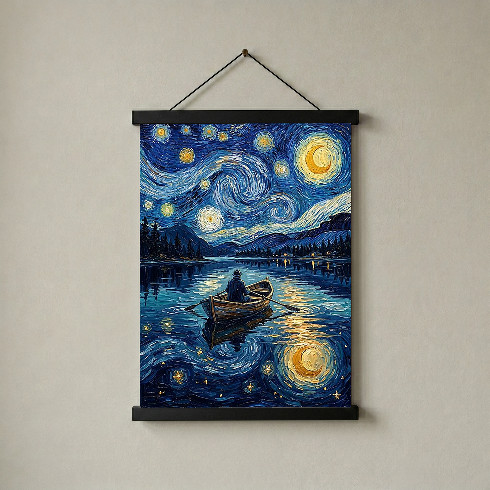 Moonlit Lake Rowboat Print — Van Gogh-Style Night Fishing Cabin Wall Art
