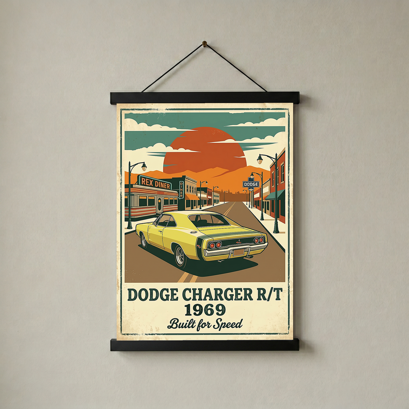 Dodge Charger R/T 1969 Yellow Edition — Vintage Muscle Diner Main Street Print