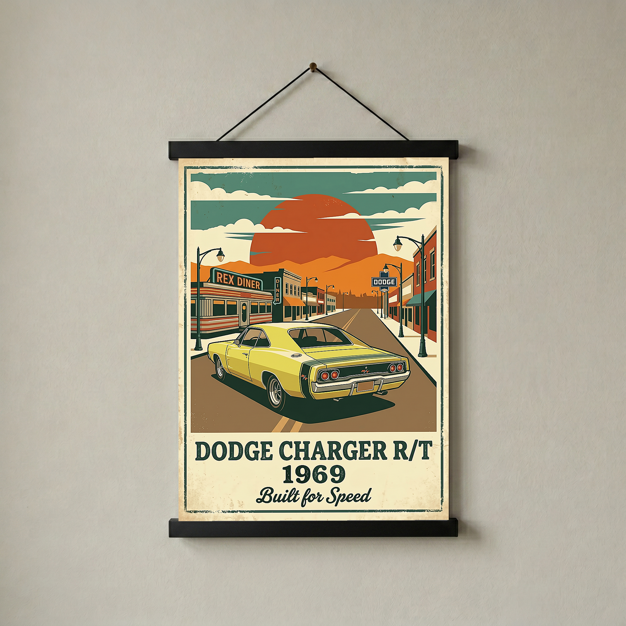 Dodge Charger R/T 1969 Yellow Edition — Vintage Muscle Diner Main Street Print