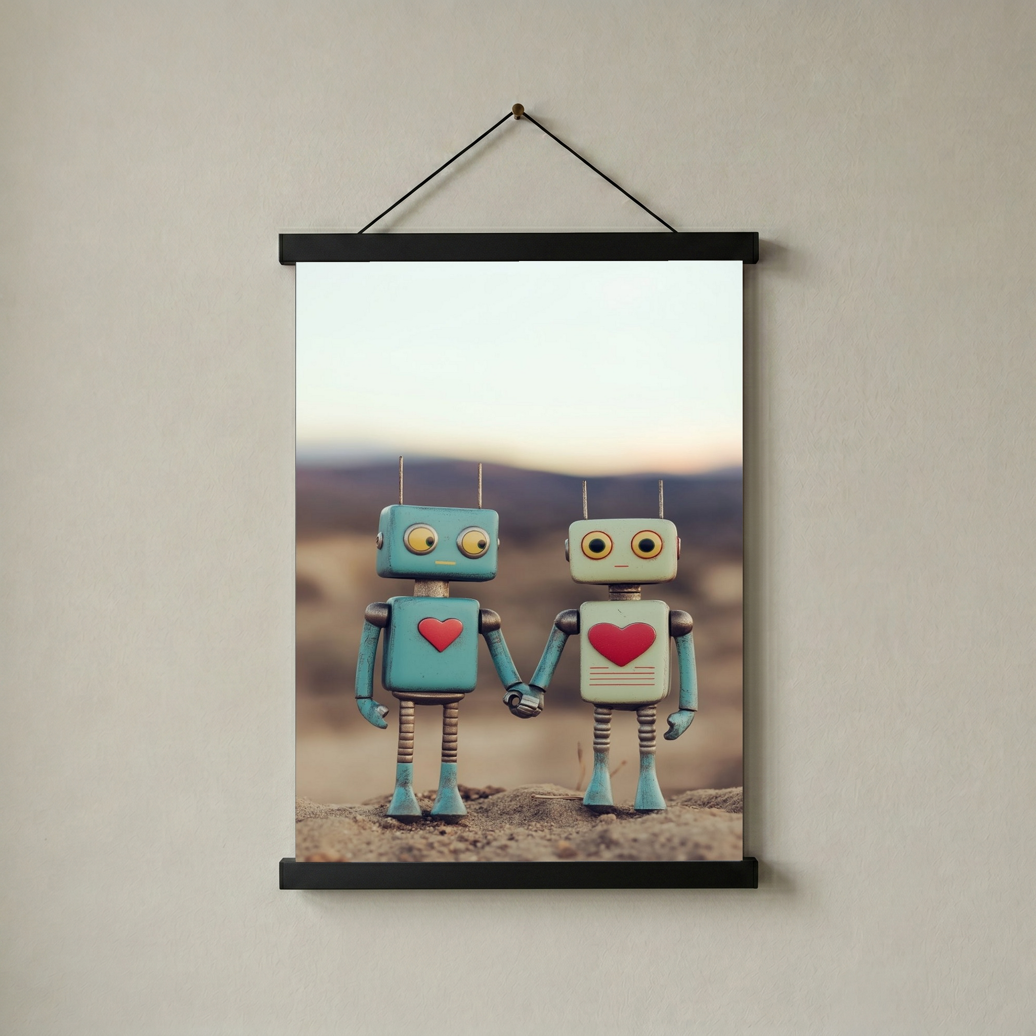 Tin Can Love Wall Art Print — Whimsical Robot Romance Poster